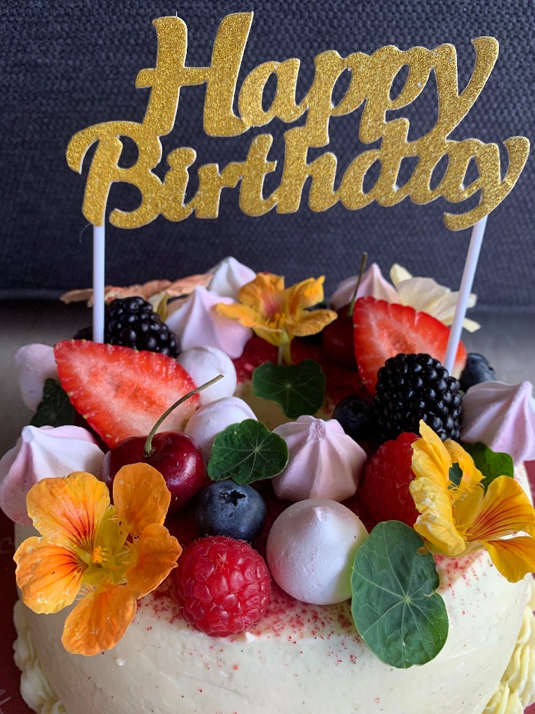 Bloomin' Berry' Chiffon Cake - Ryde Local Pickup Only 2 Chiffon Cake topped with fresh seasonal fruits, delicate meringues, and edible flowers